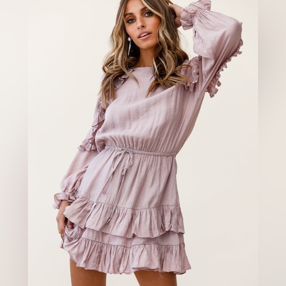 BOHO LONG SLEEVE FRILL DETAIL DRESS BLUSH | size small - Picture 3 of 11